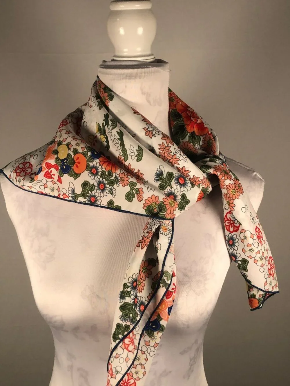 Japanese Inspired Floral Square Scarf Ivory Orange Blue Green 34